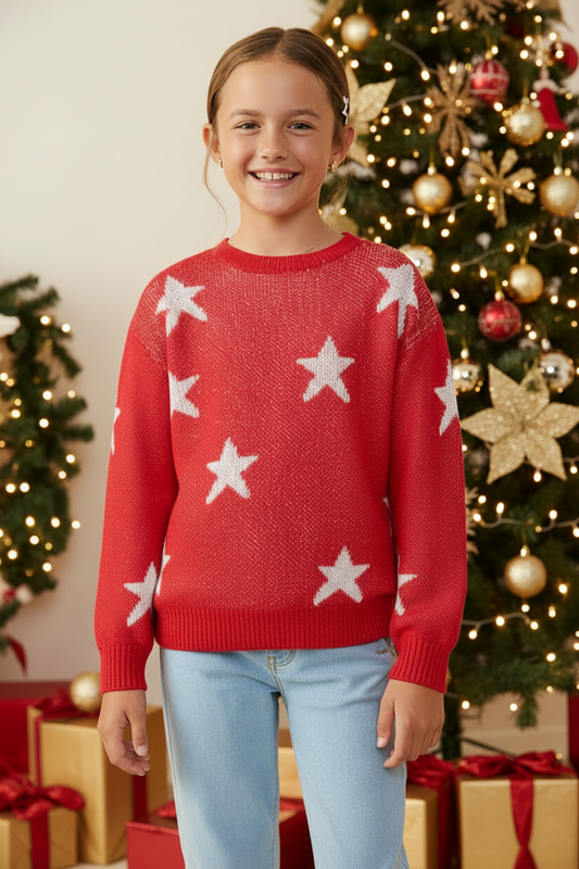 Child wearing a red sweater with white stars in front of a decorated Christmas tree.
