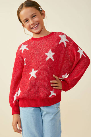 Girls Star Print Loose Knit Sweater Top