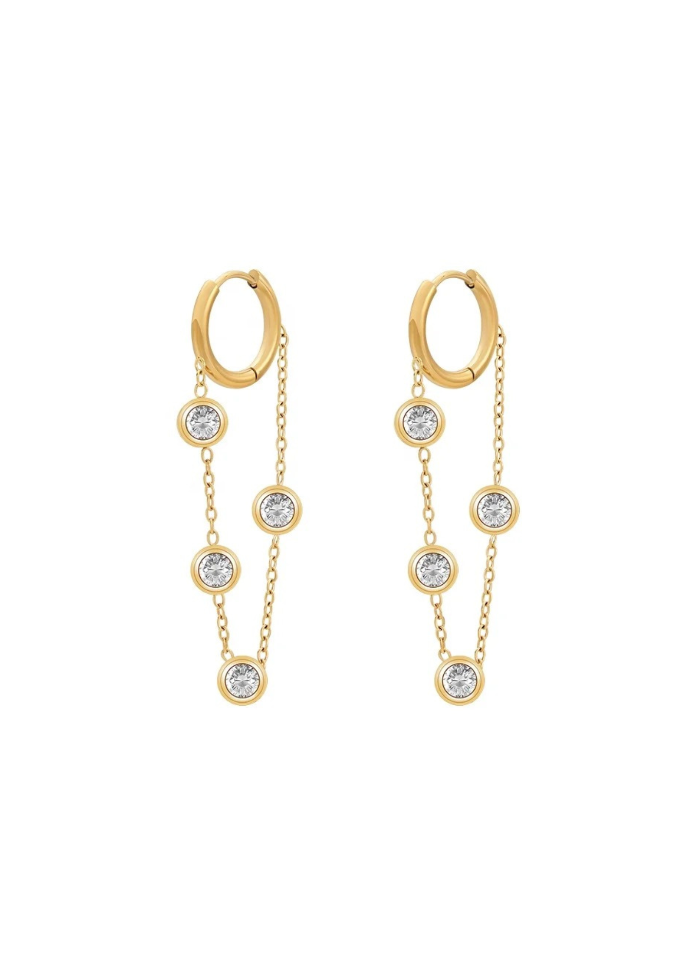Gold hoop earrings with chain and gemstone details on a white background