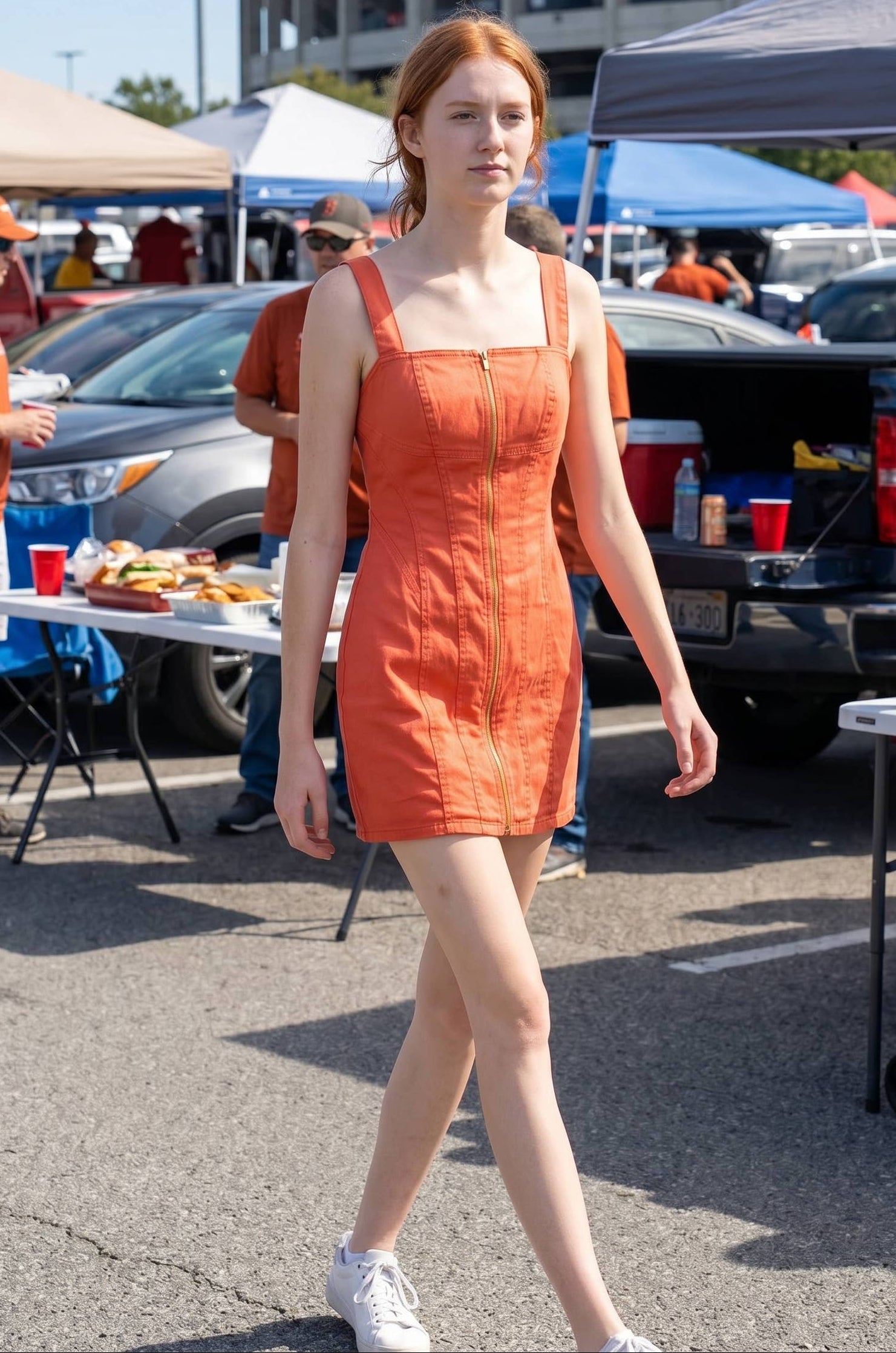 Woman in an orange dress walking outdoors with a stadium in the background