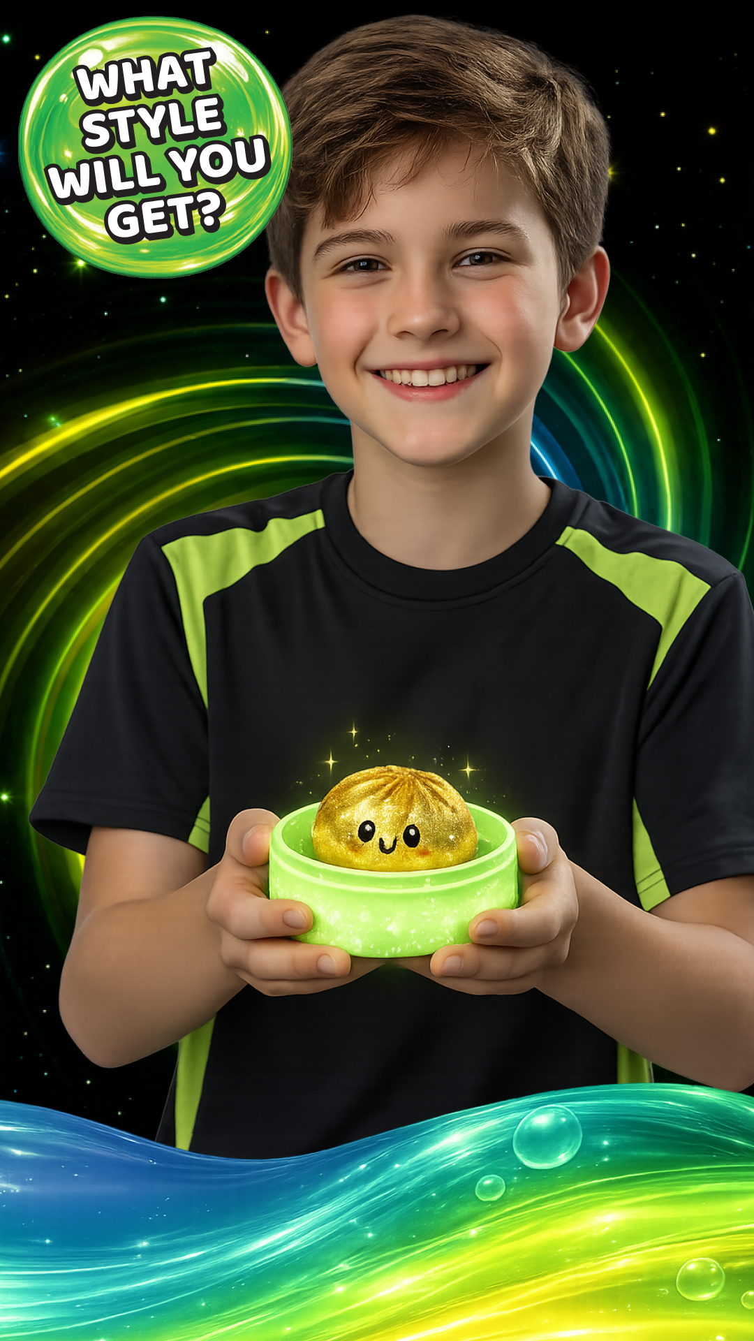Child holding a green toy with a smiling face against a colorful, abstract background