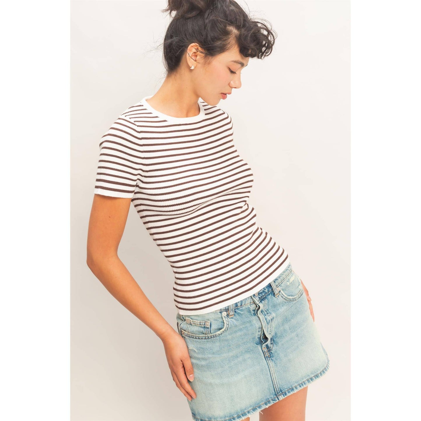 Striped Ribbed Crew Neck Knit Top