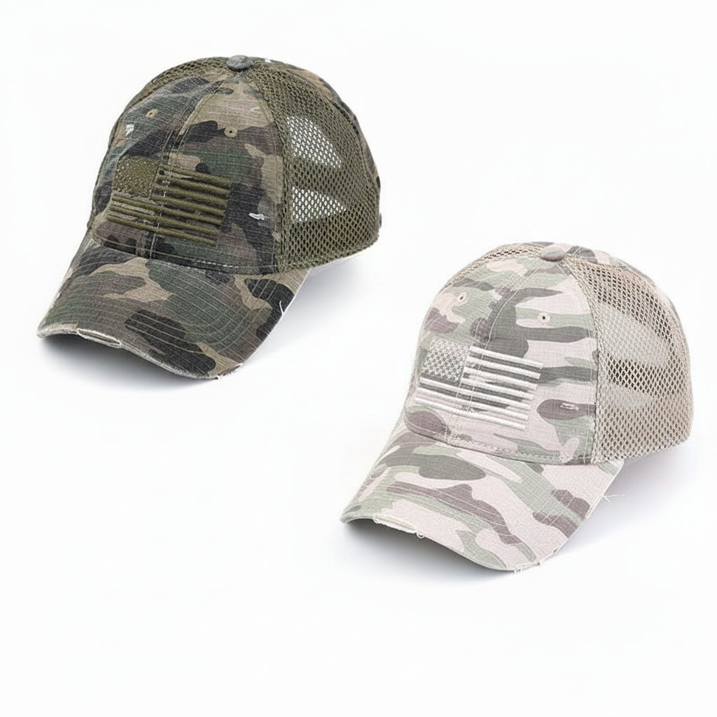 Four camouflage baseball caps on a white background