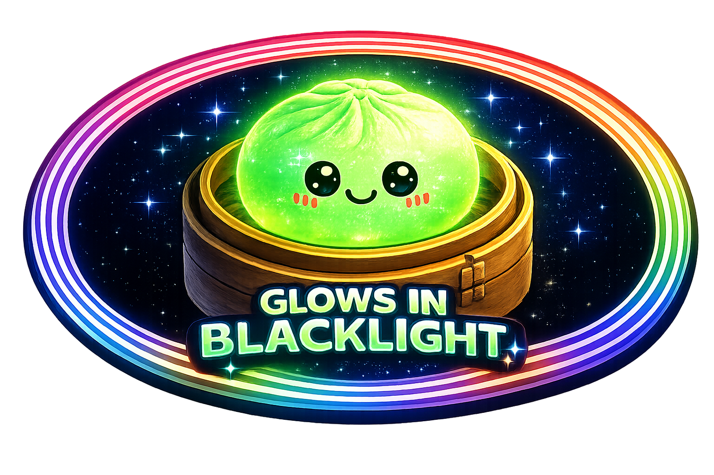 Toy with a smiley face glowing in blacklight against a colorful, starry background