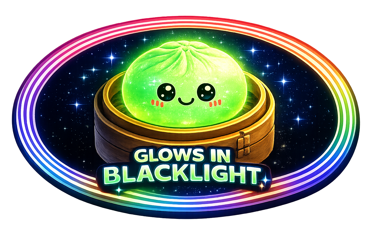 Toy with a smiley face glowing in blacklight against a colorful, starry background