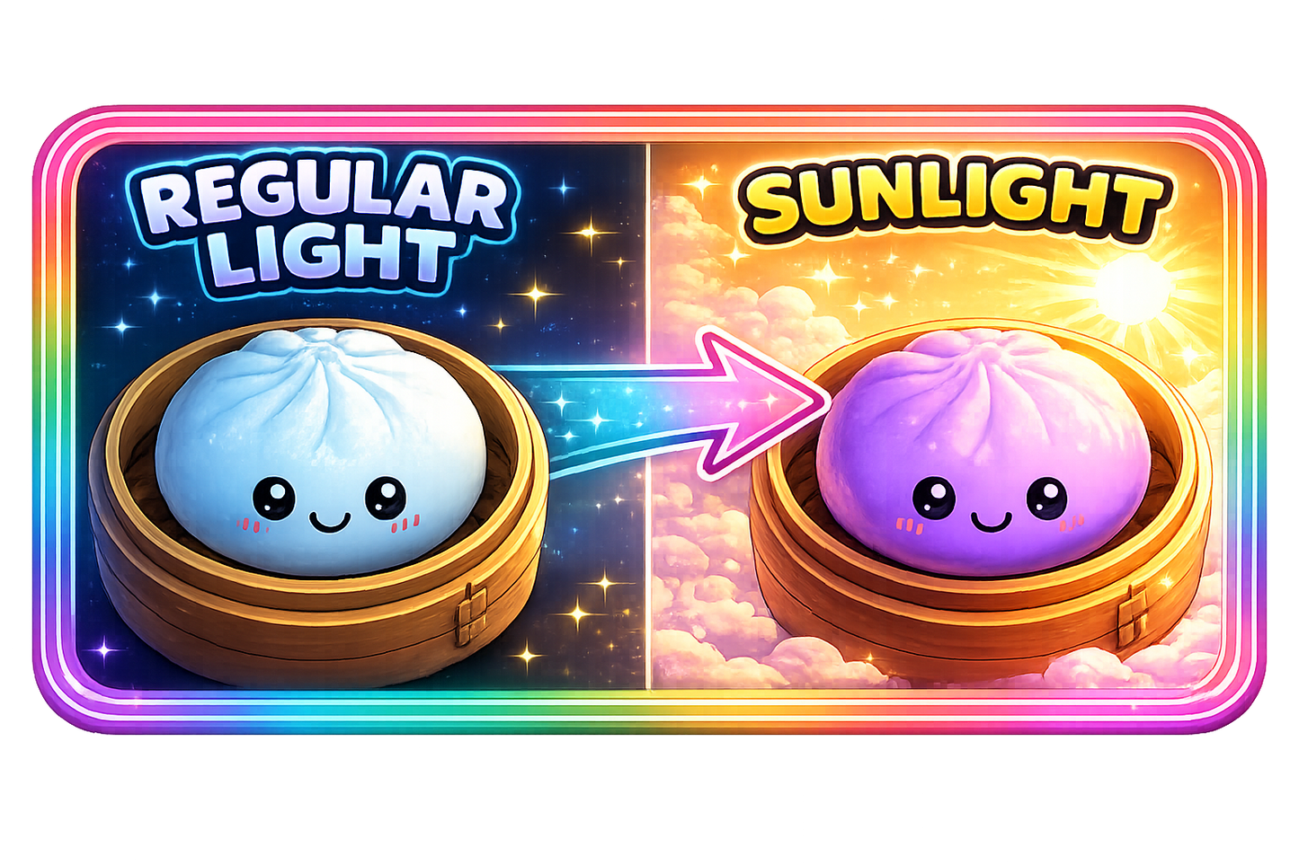 Two cute cartoon buns in a steamer, one labeled 'Regular Light' and the other 'Sunlight', with a rainbow border.