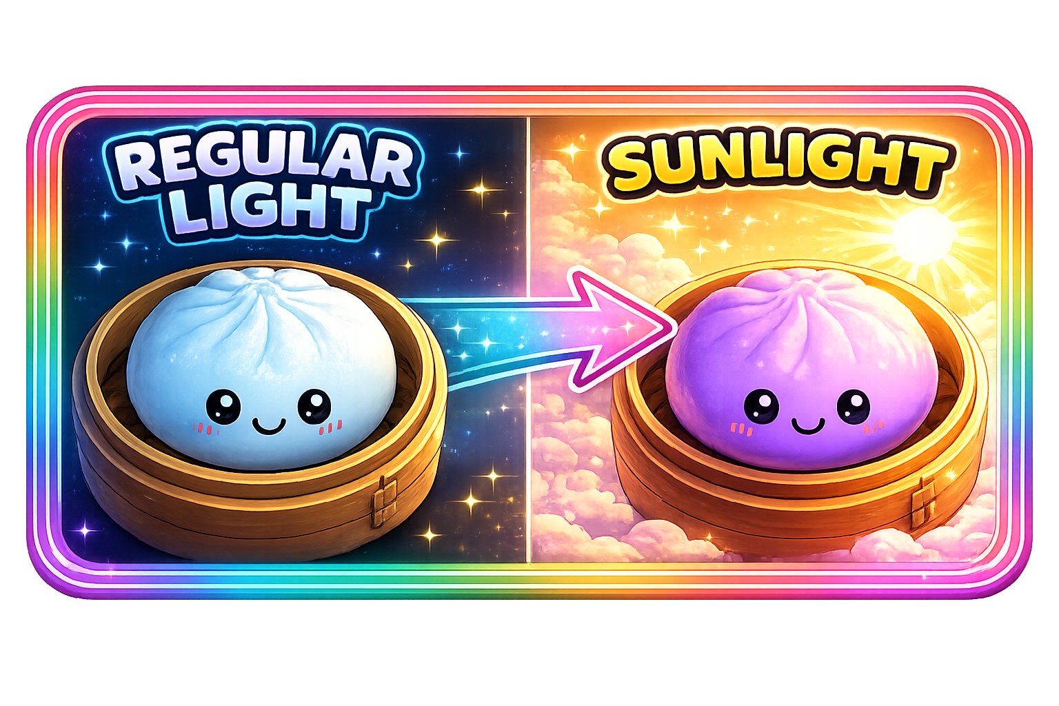 Two cute cartoon buns in a steamer, one labeled 'Regular Light' and the other 'Sunlight', with a rainbow border.
