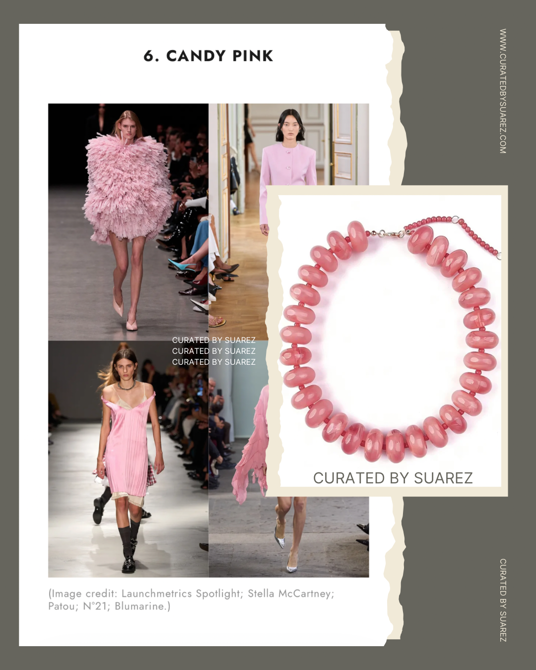 Collage of women in pink outfits on a runway with a pink beaded bracelet, curated by Suarez.