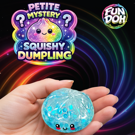 Hand holding a blue squishy dumpling toy with Fun Doh branding in the background