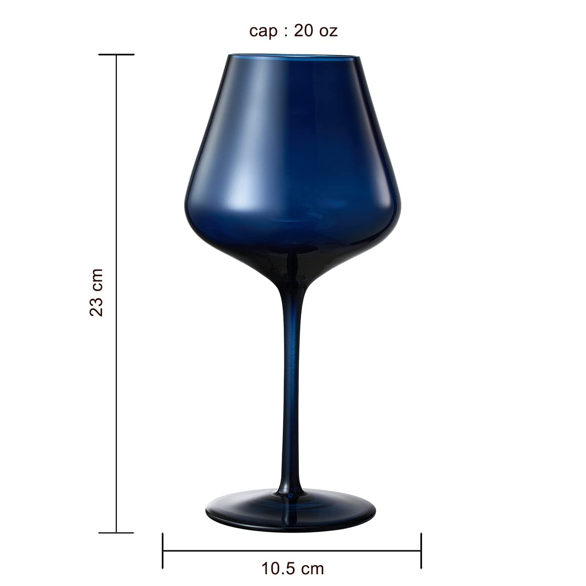 A dark blue translucent wine glass with dimension markings showing a height of 23 cm, a base width of 10.5 cm, and a cap volume of 20 oz.