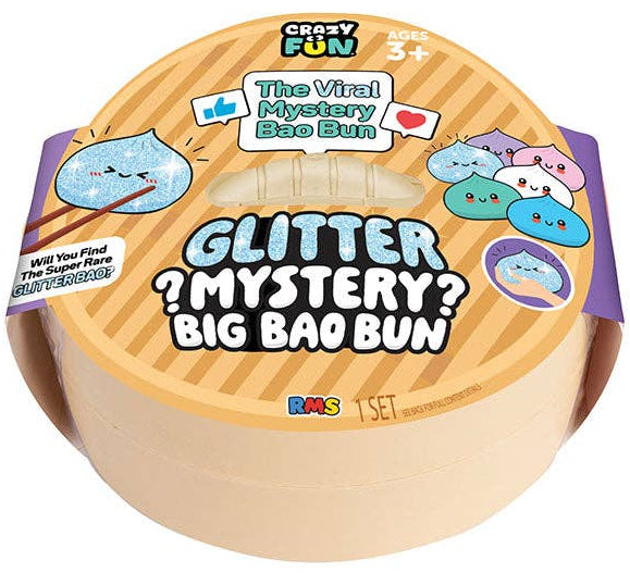 Glitter Mystery Big Bao Bun packaging with colorful labels and text on a white background