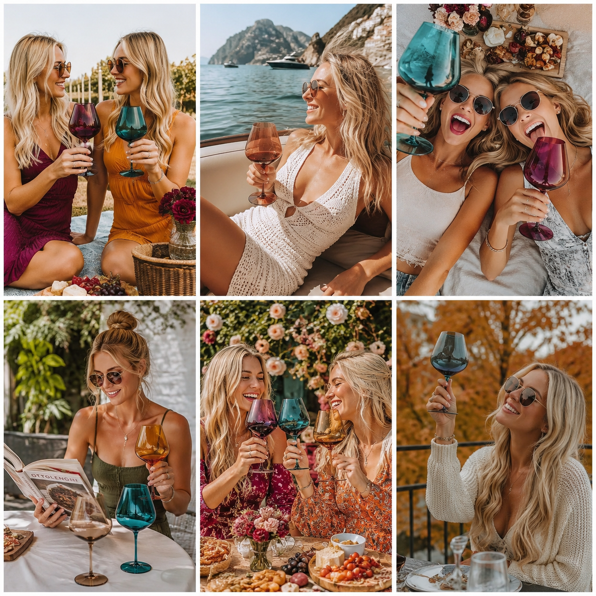 A six-panel collage showing women in various outdoor and social settings, each holding and interacting with different colored wine glasses. The scenes feature warm lighting, floral decorations, and a bohemian lifestyle aesthetic.