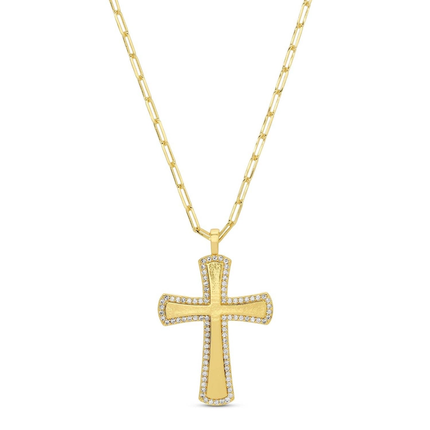 Large Pave Accented Cross On Paperclip Chain