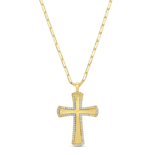 Large Pave Accented Cross On Paperclip Chain