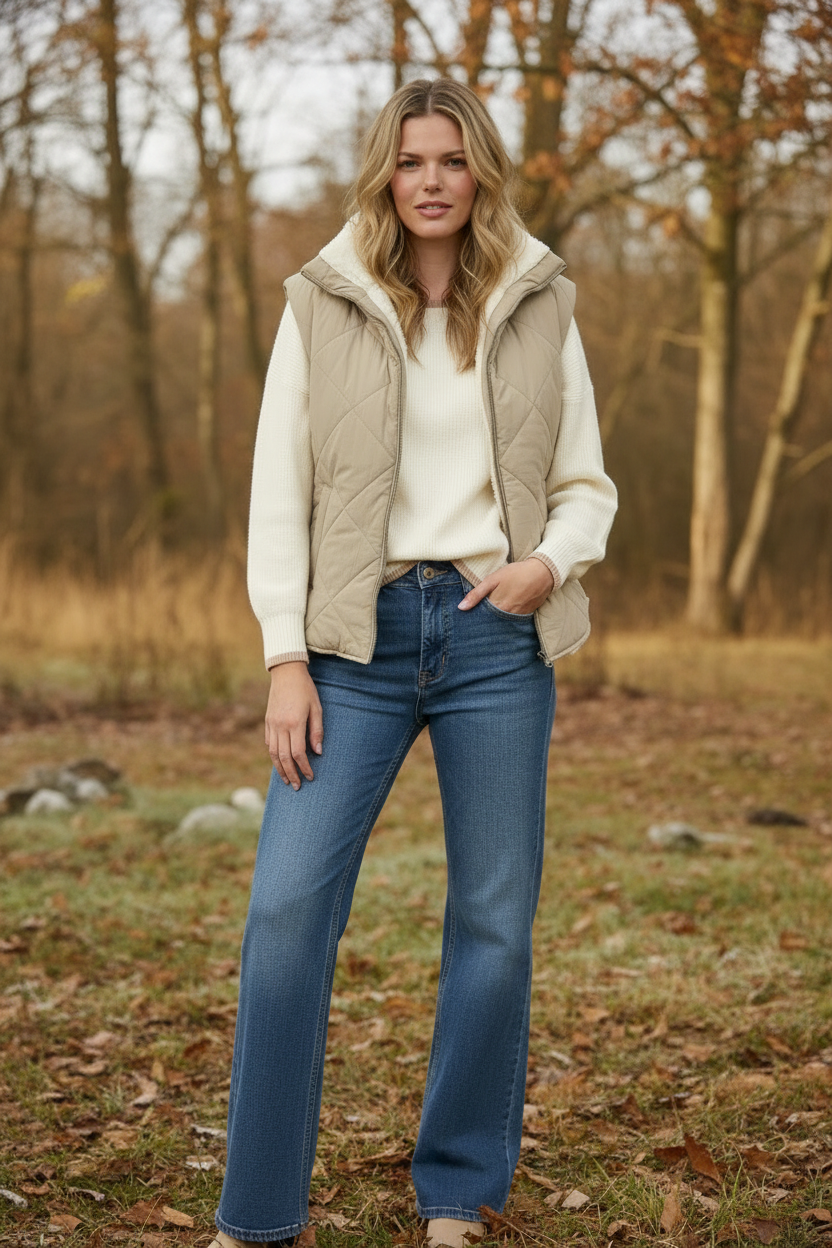 Quilted Zip Up Fleece Vest Cement