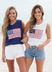 Crew Neck American Flag Knit Tank Top