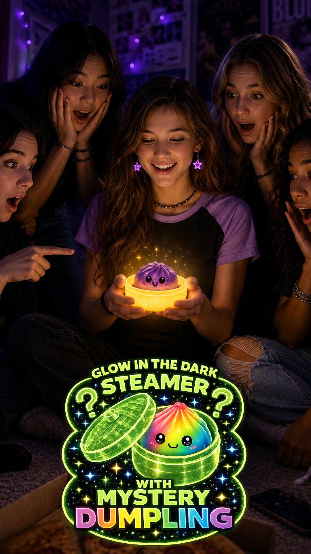 Children gathered around a glowing product with text 'Glow in the Dark Steamer with Mystery Dumpling'.