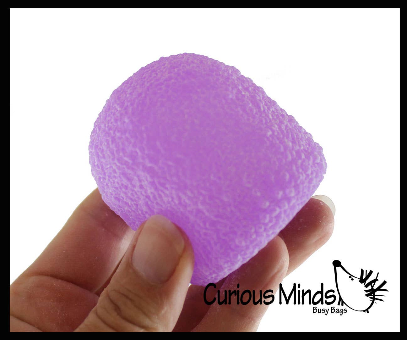 Purple textured ball held in a hand with 'Curious Minds Busy Bags' branding.