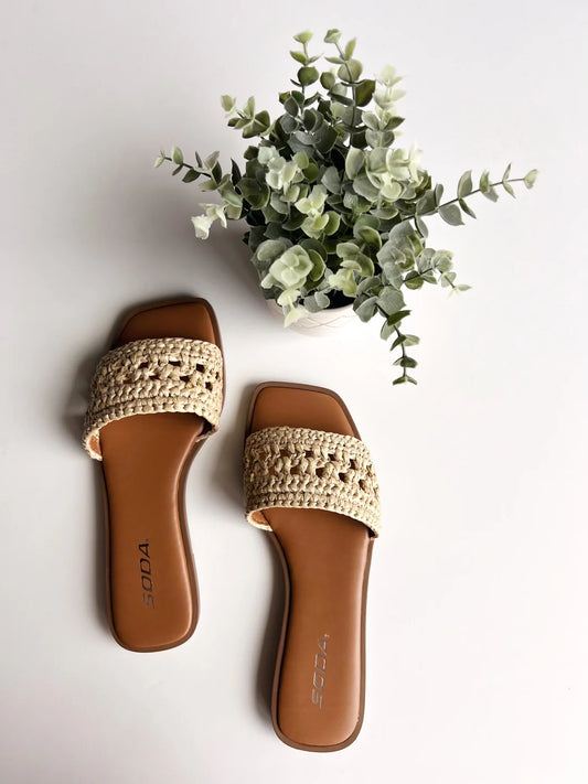 Natural Raffia Slip On Sandal