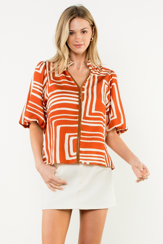 Abstract Print Puff Sleeve Top