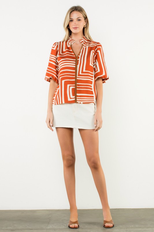 Abstract Print Puff Sleeve Top