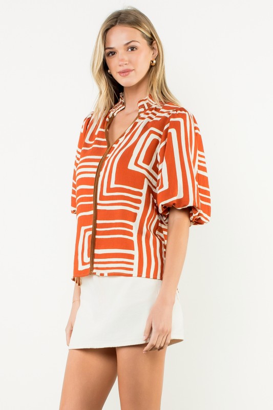 Abstract Print Puff Sleeve Top