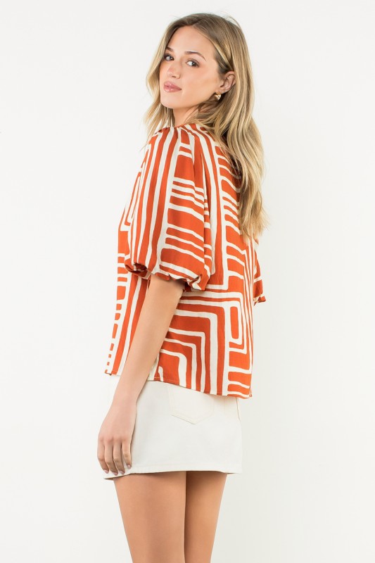 Abstract Print Puff Sleeve Top