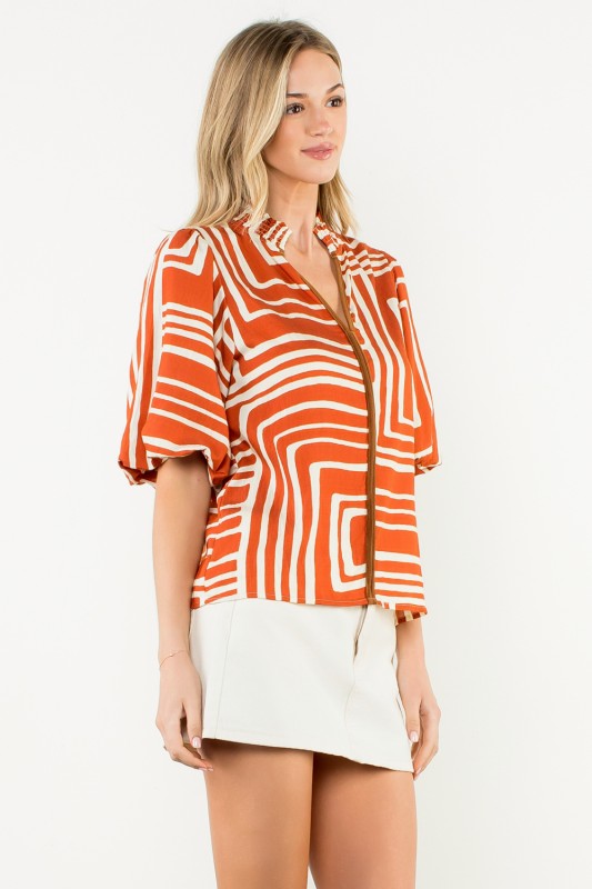 Abstract Print Puff Sleeve Top