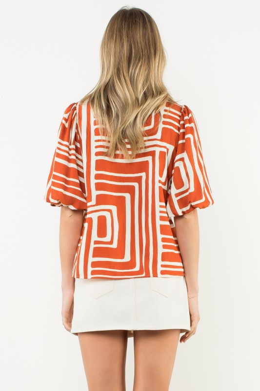 Abstract Print Puff Sleeve Top