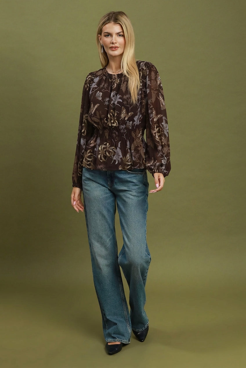 Abstract Print Smocked Waist Blouse