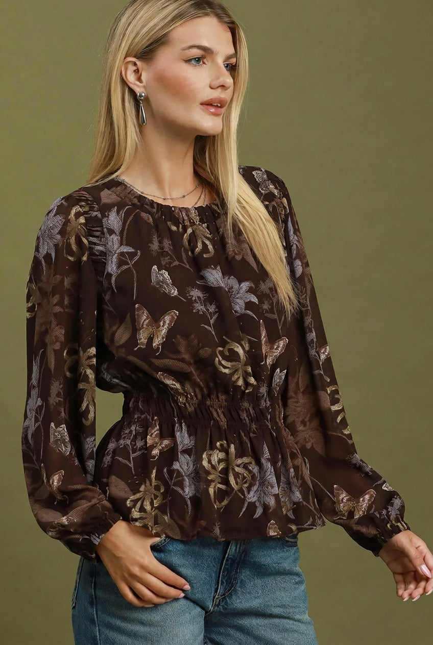 Abstract Print Smocked Waist Blouse