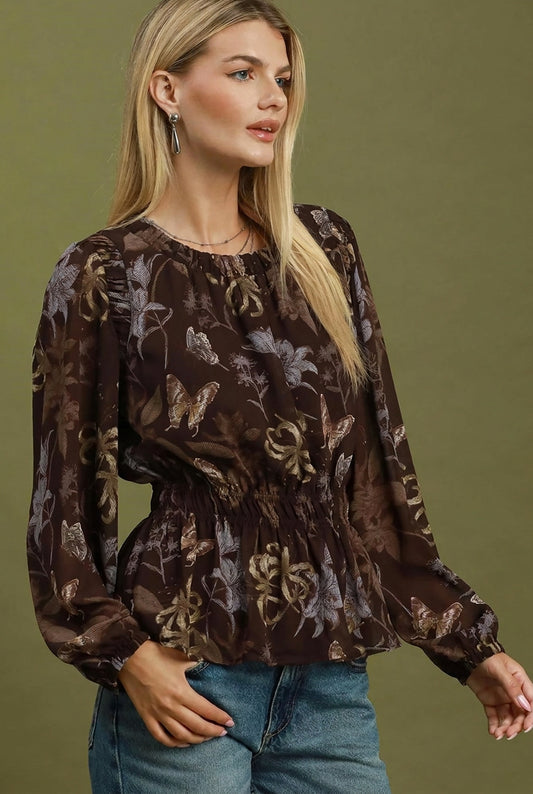Abstract Print Smocked Waist Blouse