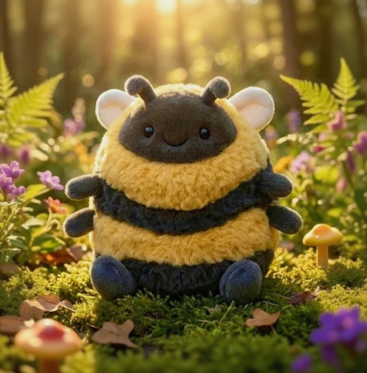 Plush bee toy in a forest setting with flowers and mushrooms.