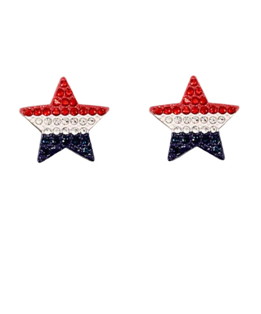 Star-shaped earrings with red, white, and blue gemstones on a gray background