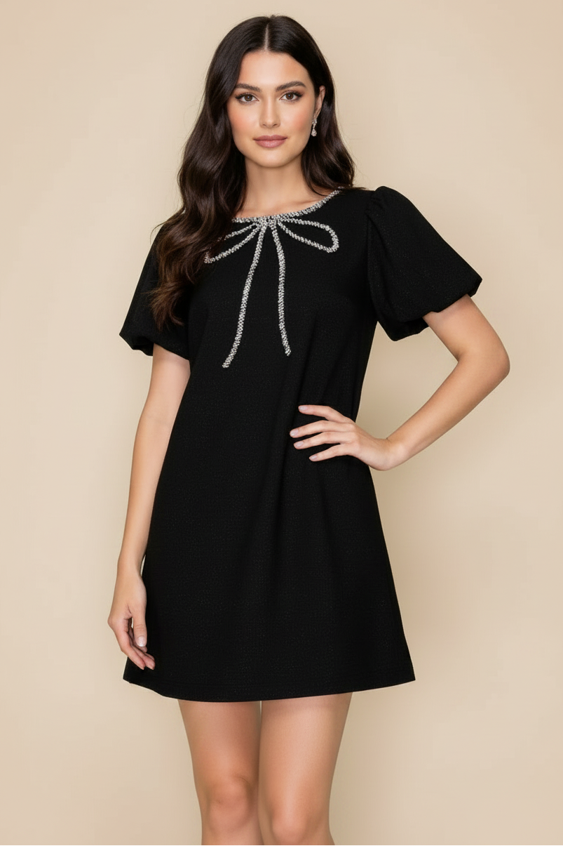Bow Embellished Tweed Mini Dress