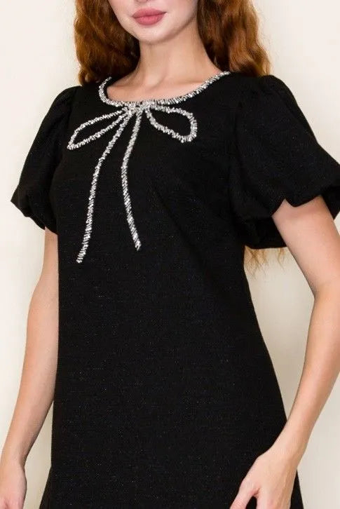 Bow Embellished Tweed Mini Dress