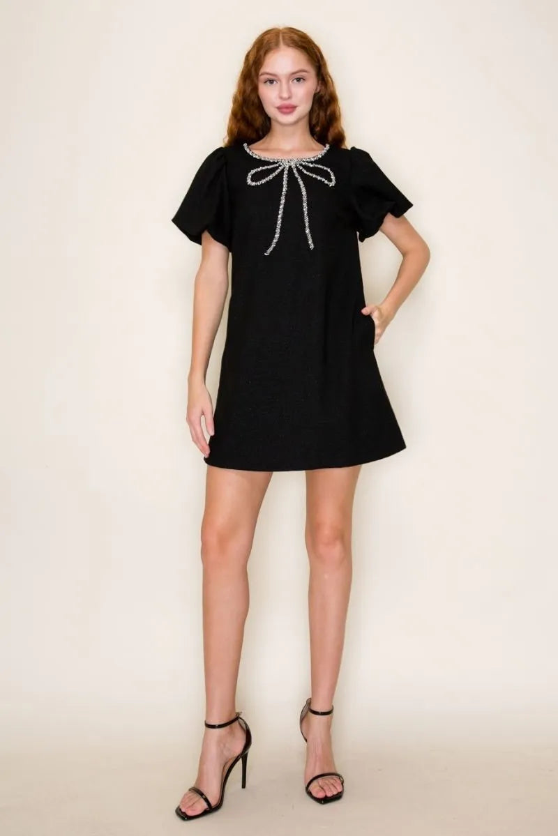 Bow Embellished Tweed Mini Dress