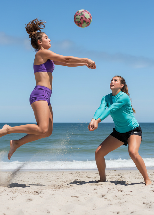 Two women playing beach volleyball on a sunny day with clear blue skies.
