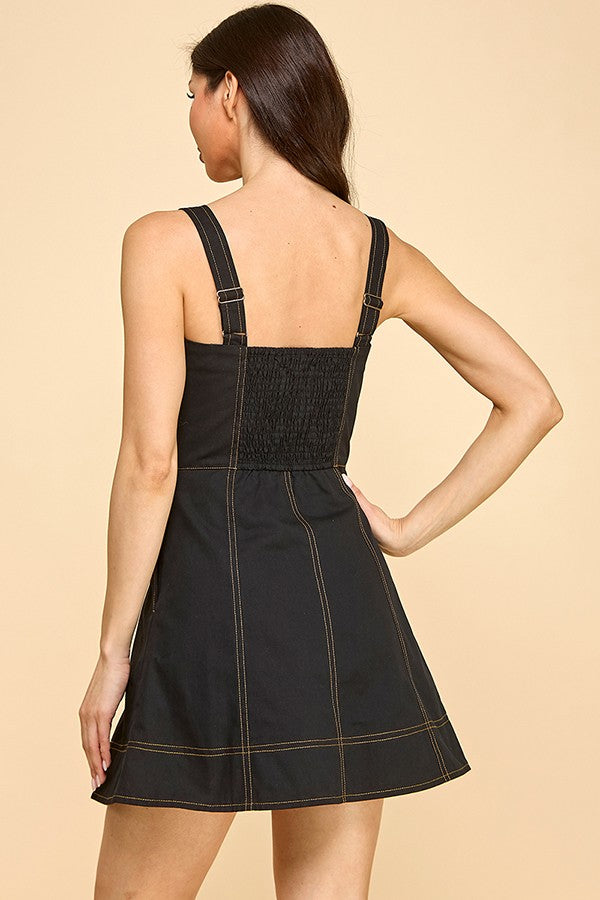 Black Pleated Bust A-line Mini Dress