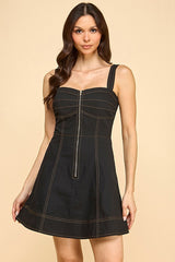 Black Pleated Bust A-line Mini Dress