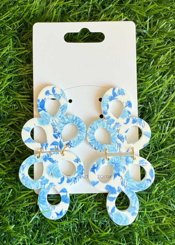 Pair of blue and white floral earrings on a branded card against a grass background