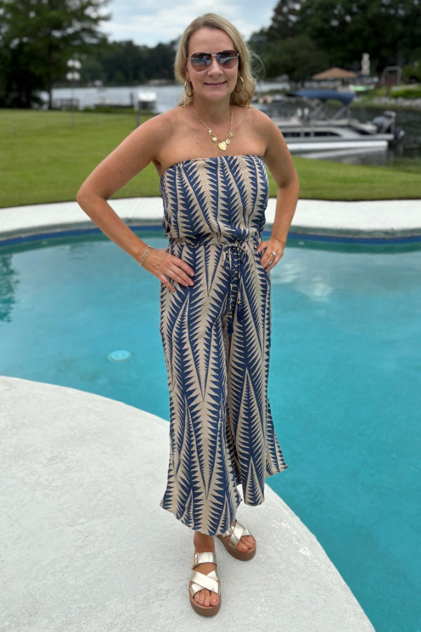 Blue & Metallic Gold Fern Jumpsuit