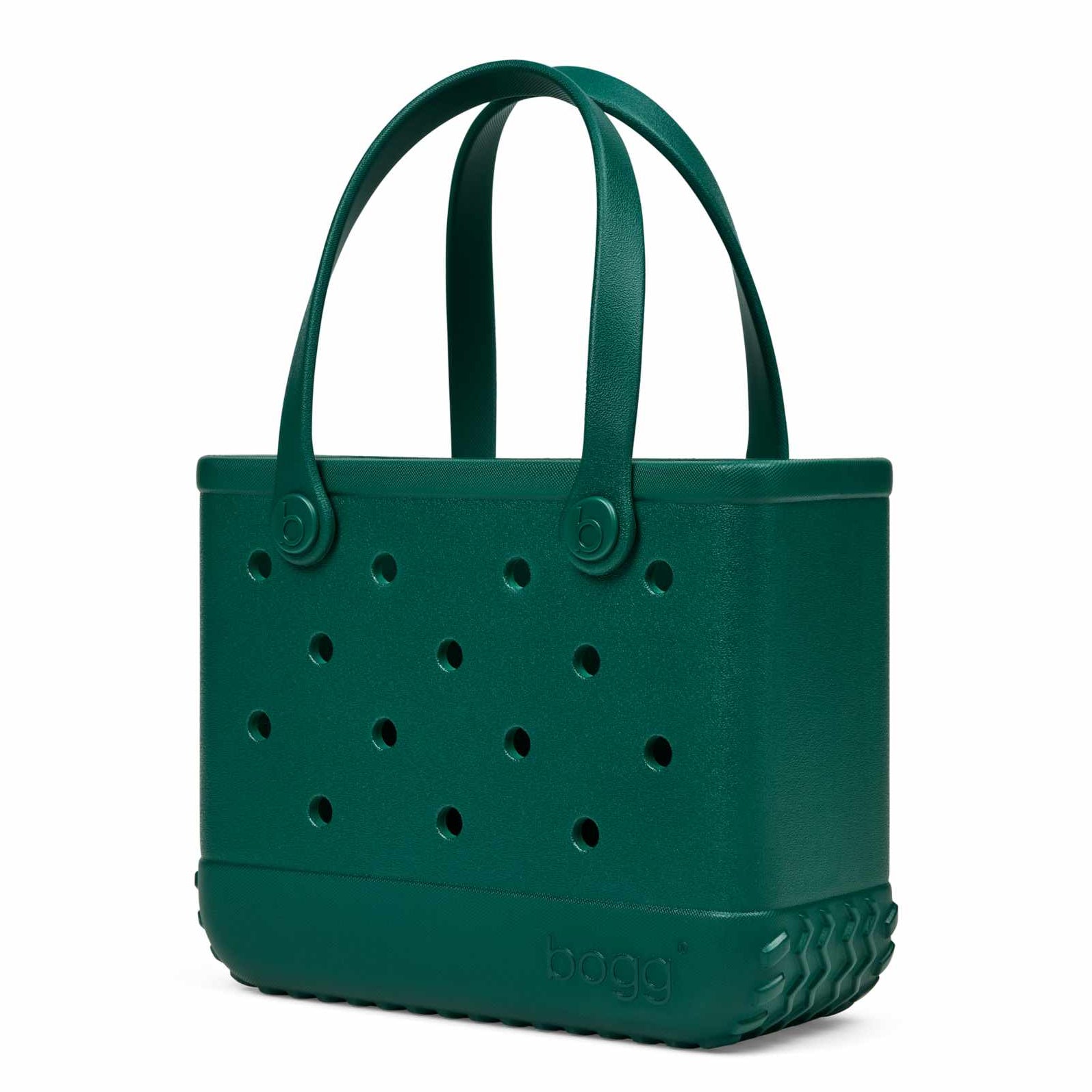 A dark Forest green Bogg bag with integrated handles, ventilation holes on the front, and a textured base, shown on a plain white background.