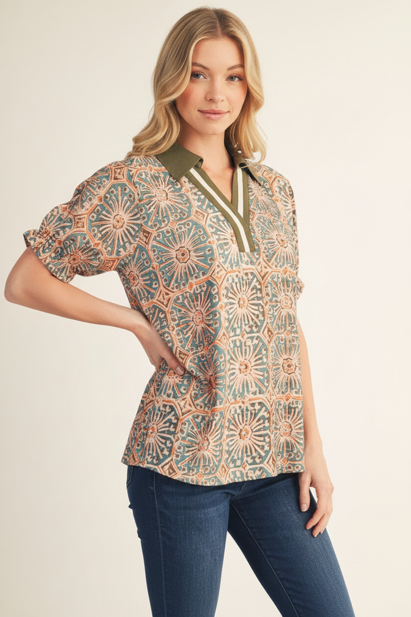 Boho Contrast V Neck Top