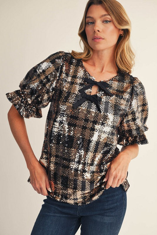 Bow Accent Sequin Top