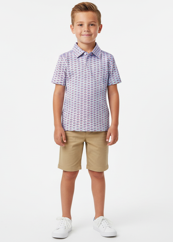 A short-sleeved boys' polo shirt with a geometric pattern, predominantly in blue color, featuring a collar and button-up design.
