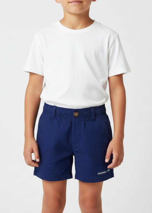Navy blue shorts with a drawstring waist and front pocket, with the brand 'Properly Tied' visible on the bottom left leg.