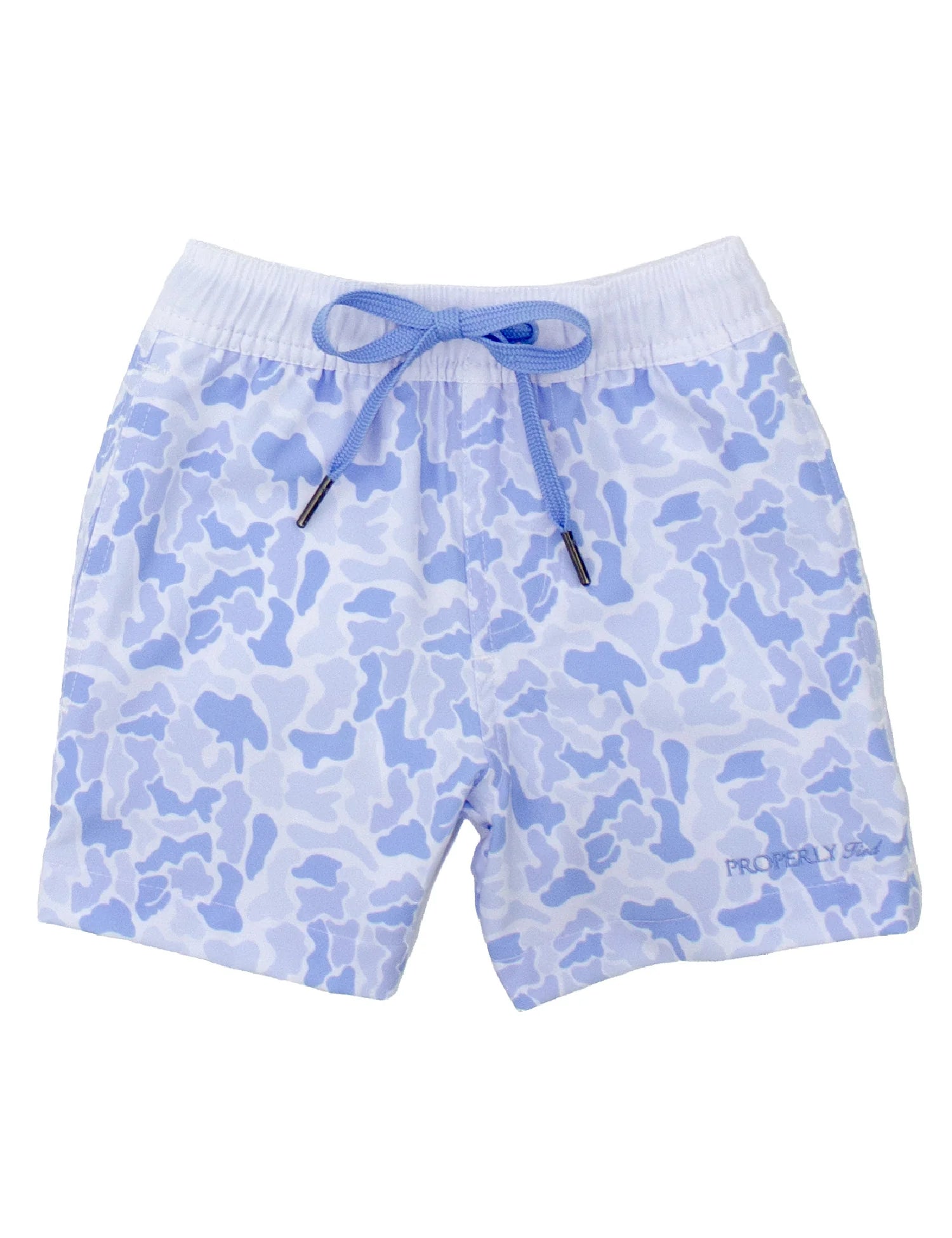 Blue camouflage shorts with a drawstring on a white background