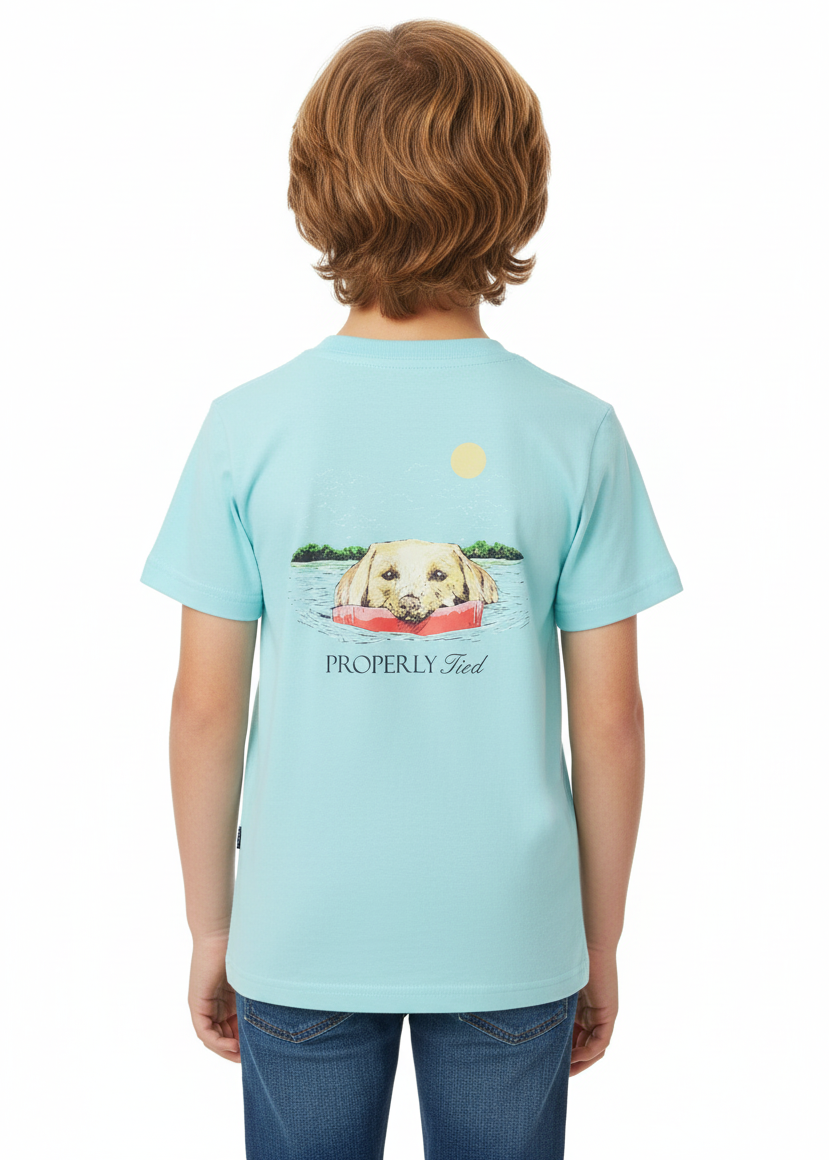 A blue graphic t-shirt with a dog and the text 'Properly Tied' on the back.