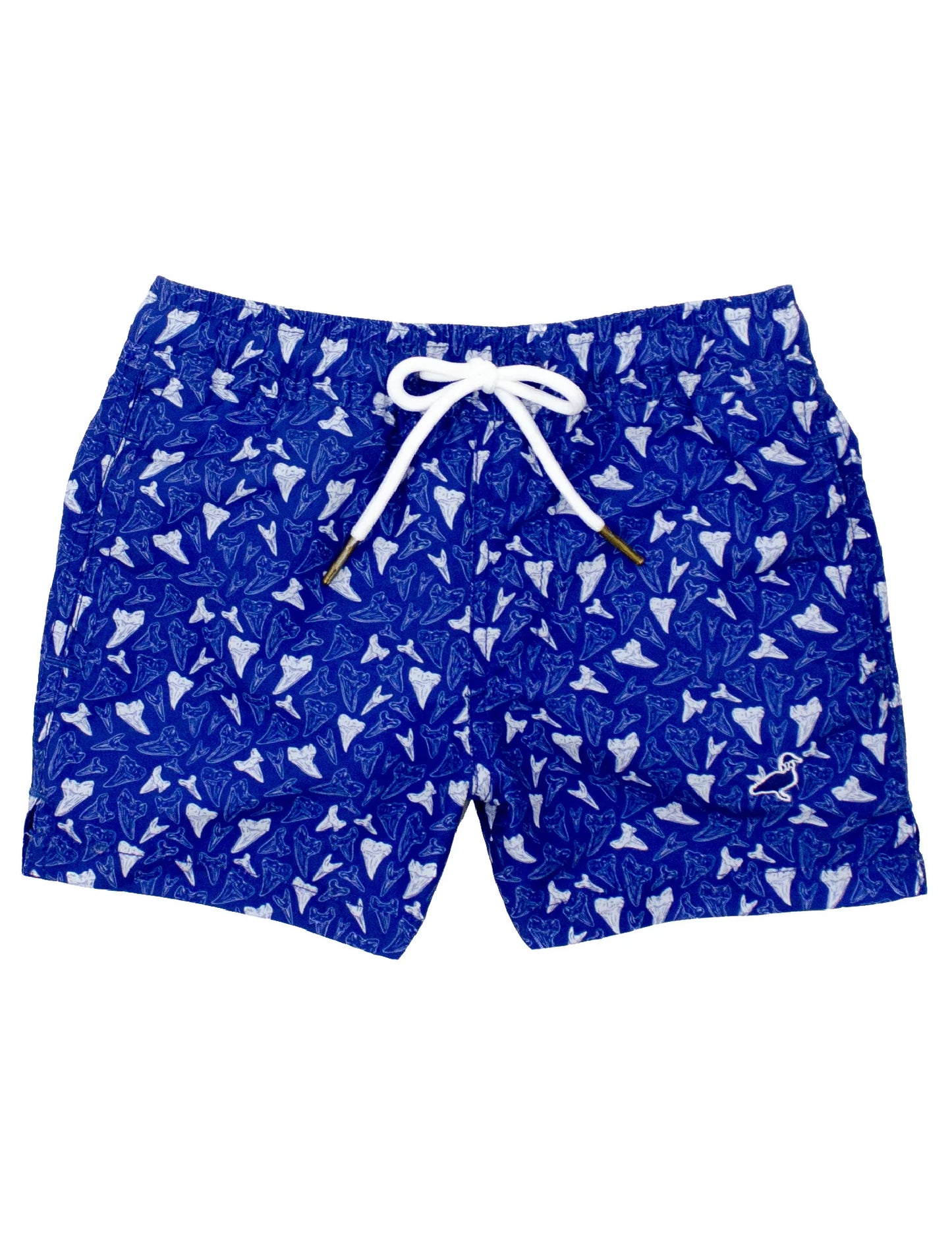 Blue swim shorts with white shark pattern on a white background